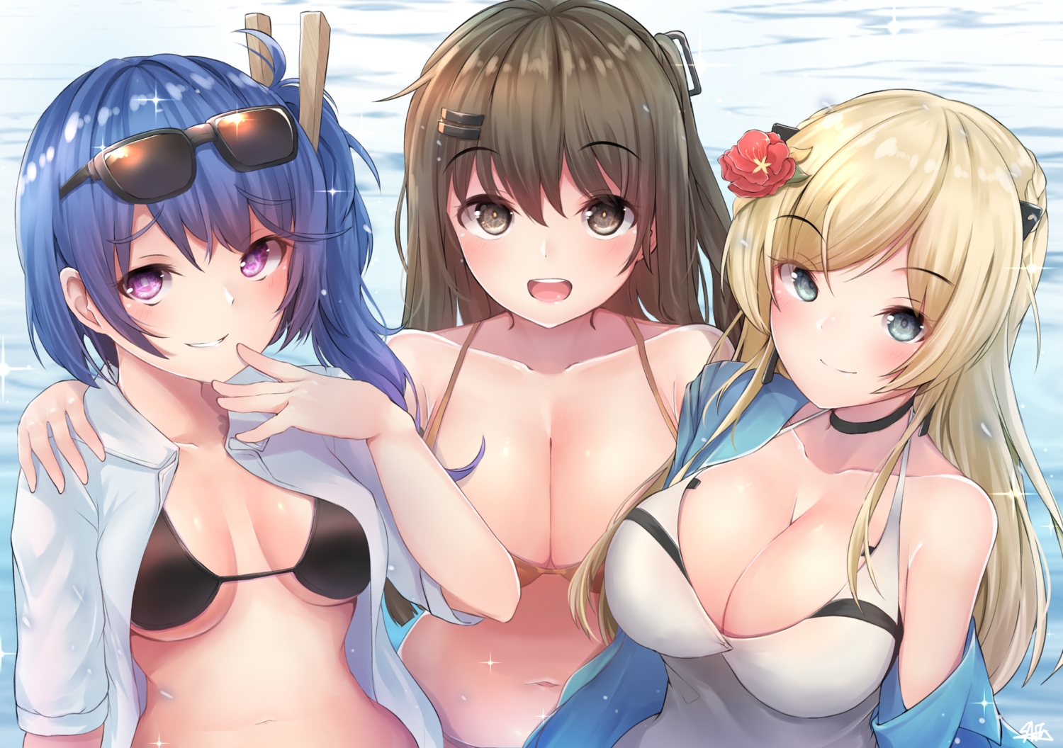 anthropomorphism, bikini, blonde_hair, blue_hair, breasts, brown_eyes, brown_hair, choker, cleavage, close, girls_frontline, gray_eyes, hiromaster_sinta_jh, k11_(girls_frontline), k2_(girls_frontline), k5_(girls_frontline), long_hair, navel, open_shirt, ponytail, purple_eyes, sunglasses, swimsuit, water