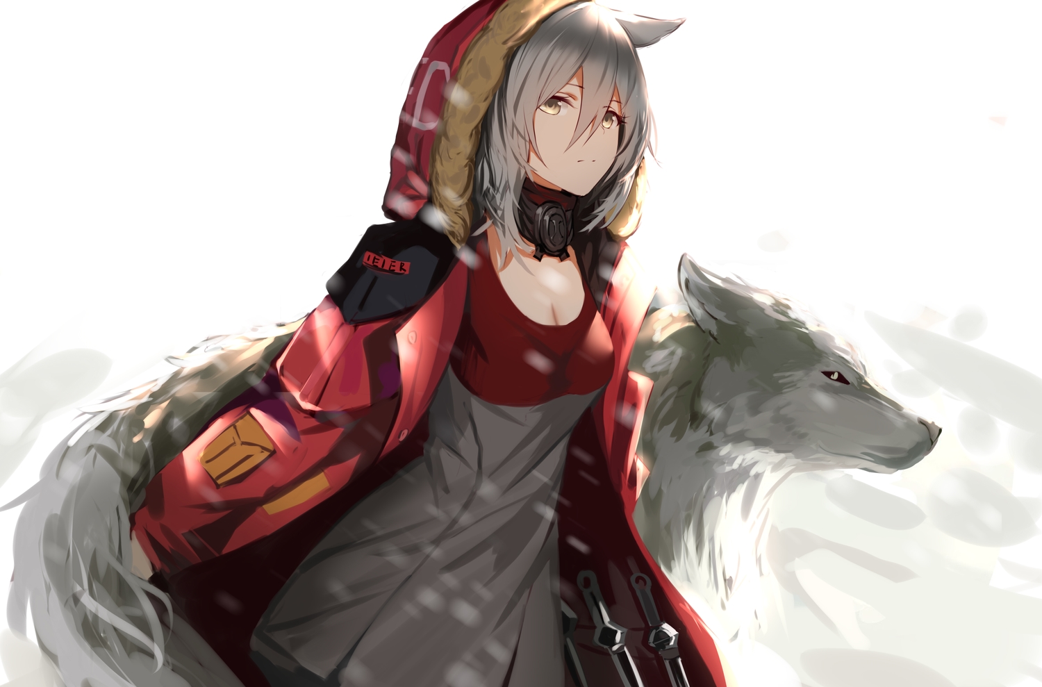 animal, animal_ears, an_yasuri, arknights, breasts, cleavage, dress, gray_hair