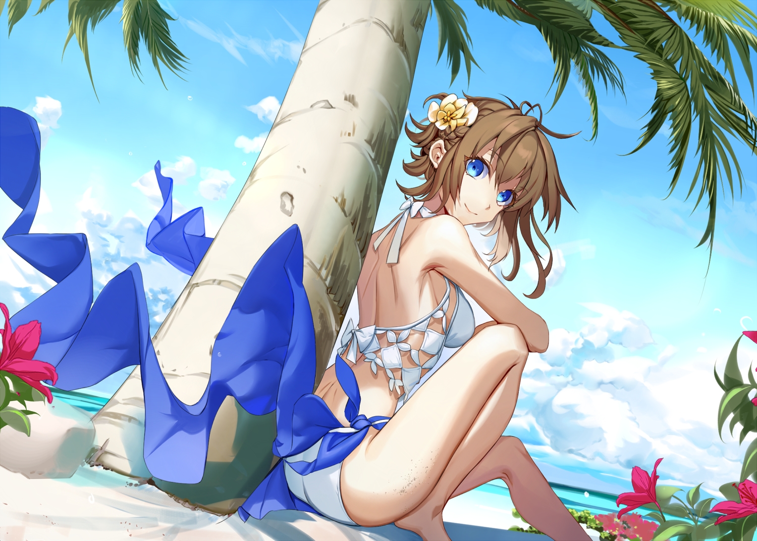 aqua_eyes, ass, barefoot, beach, bikini, braids, brown_hair, clouds, ddaomphyo, flowers, original, short_hair, sky, swimsuit, tree, water