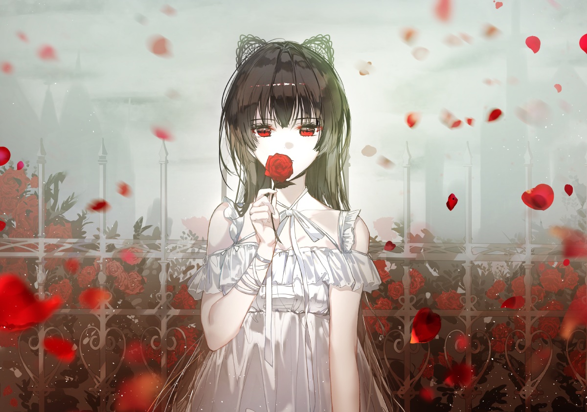 aliasing, animal_ears, brown_hair, dress, flowers, long_hair, naru_(ul), original, petals, red_eyes, ribbons, rose, summer_dress