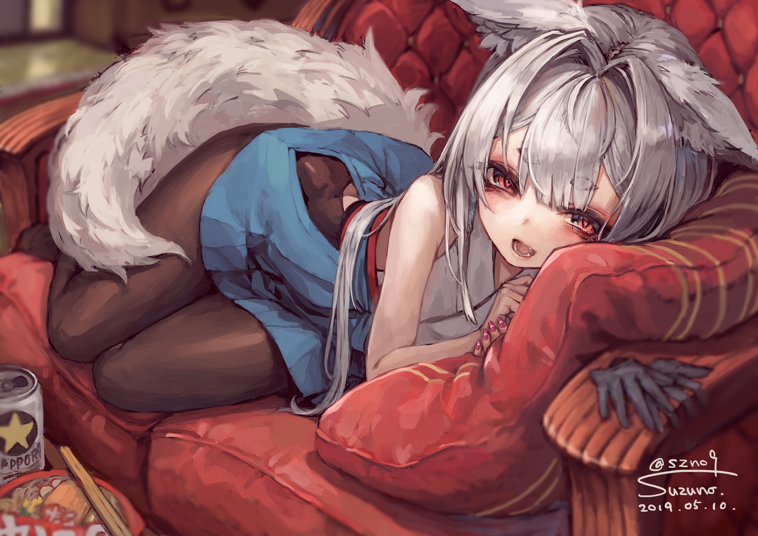 animal_ears, couch, drink, fang, food, foxgirl, gray_hair, long_hair