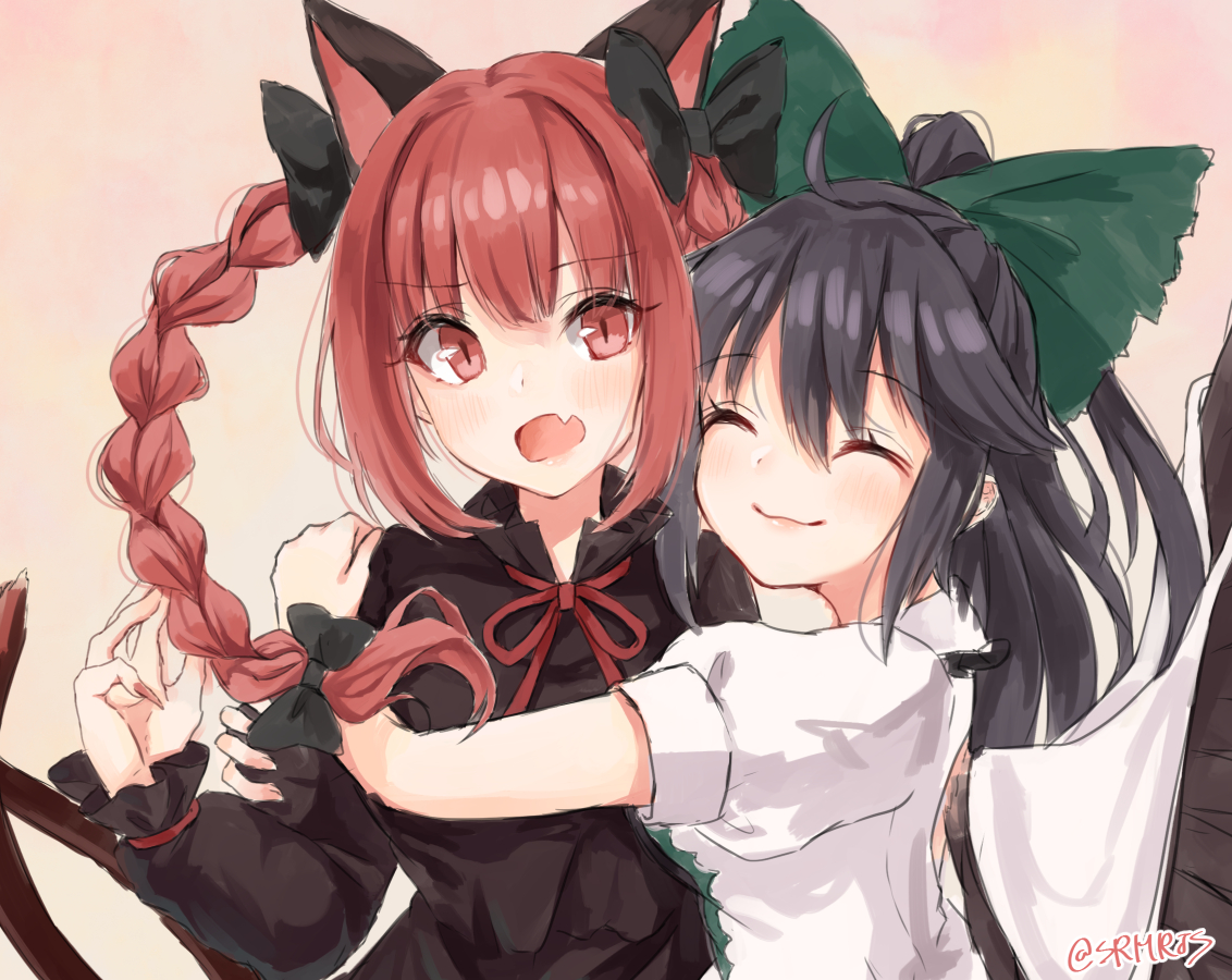 2girls, animal_ears, black_hair, blush, bow, braids, catgirl, fang