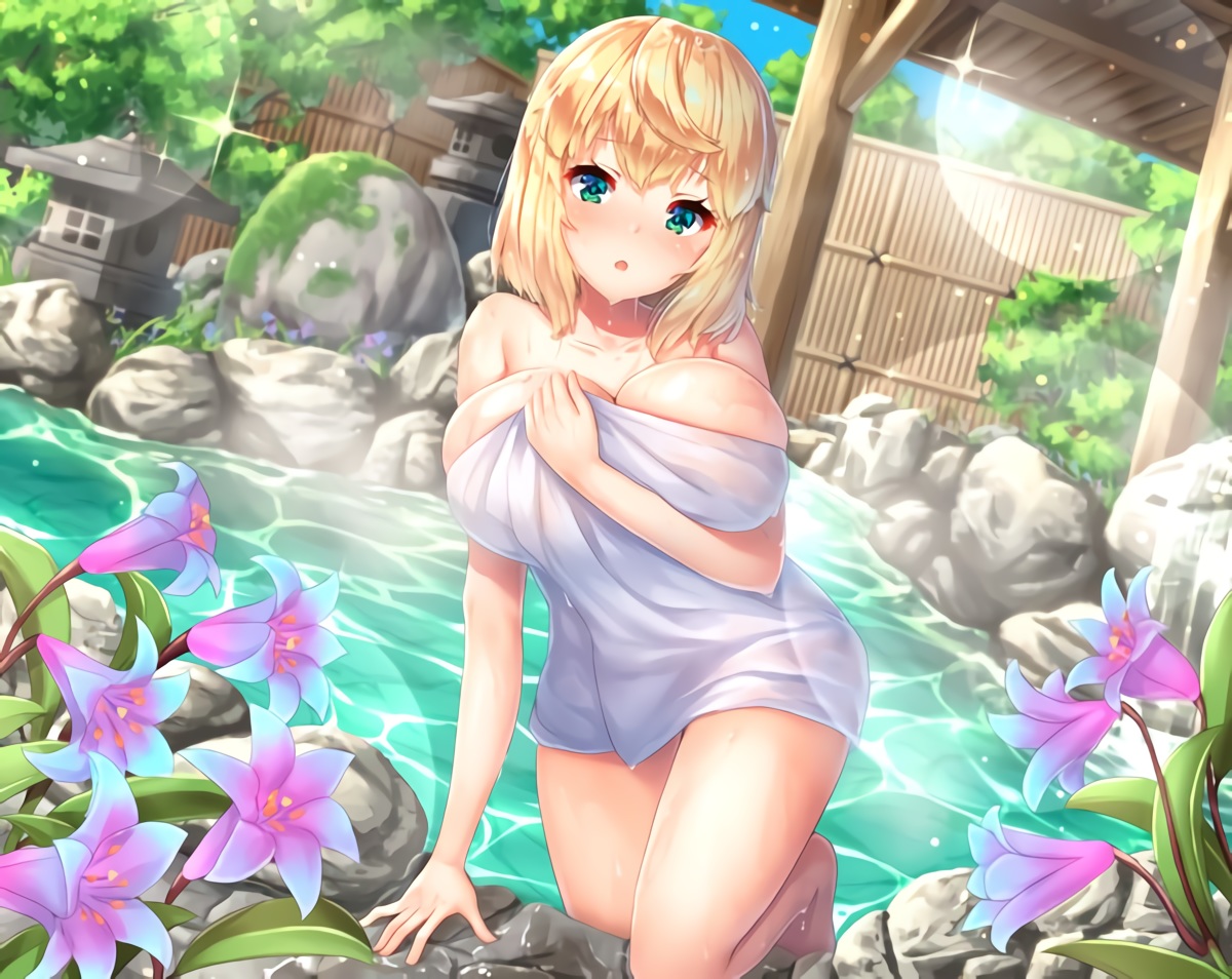 barefoot, blonde_hair, breast_hold, breasts, cleavage, flowers, onsen, original, pensuke, short_hair, towel, waifu2x, water