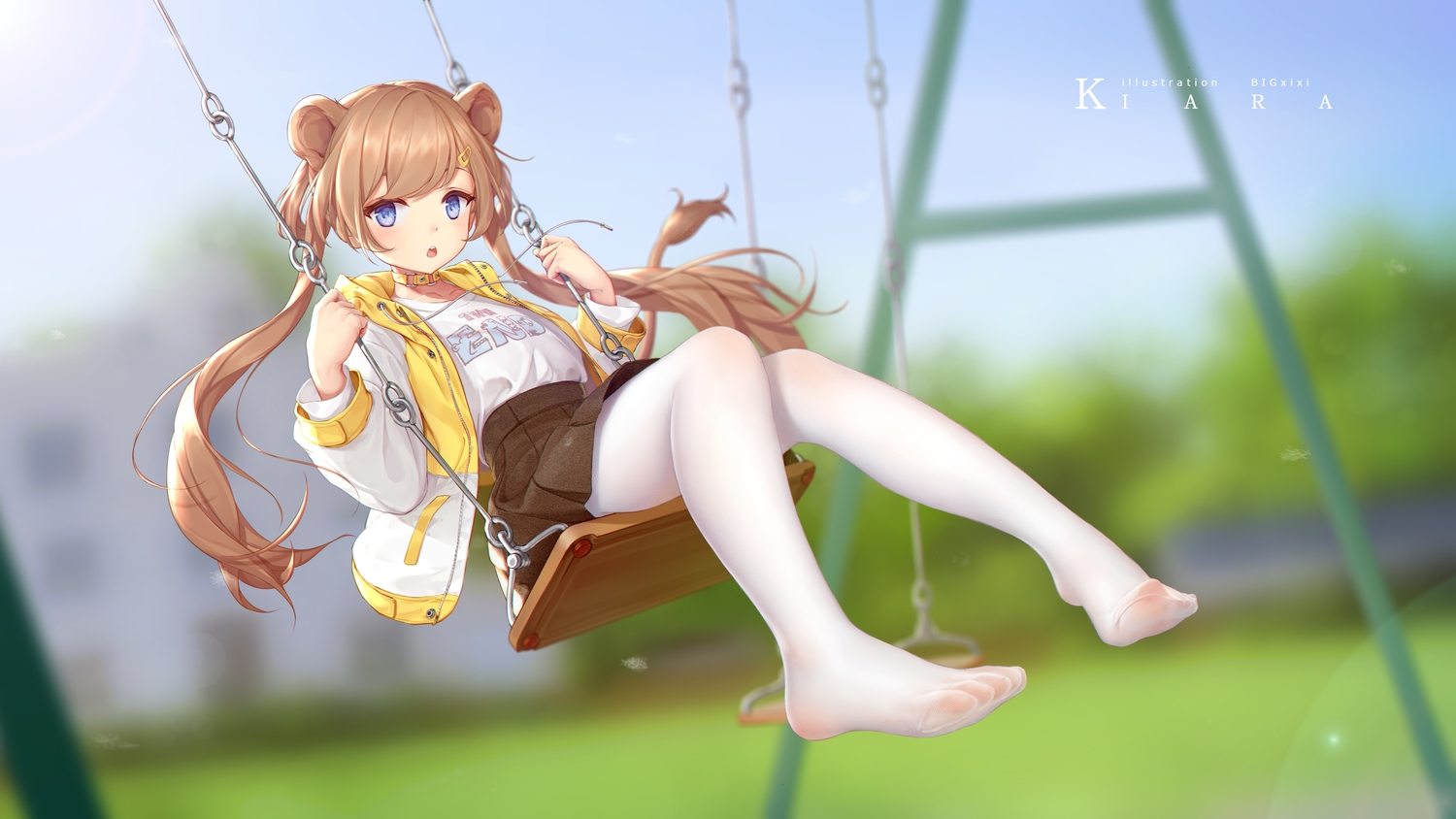 animal_ears, blue_eyes, blush, brown_hair, collar, hood, long_hair, maou_renjishi, original, pantyhose, skirt, twintails, watermark