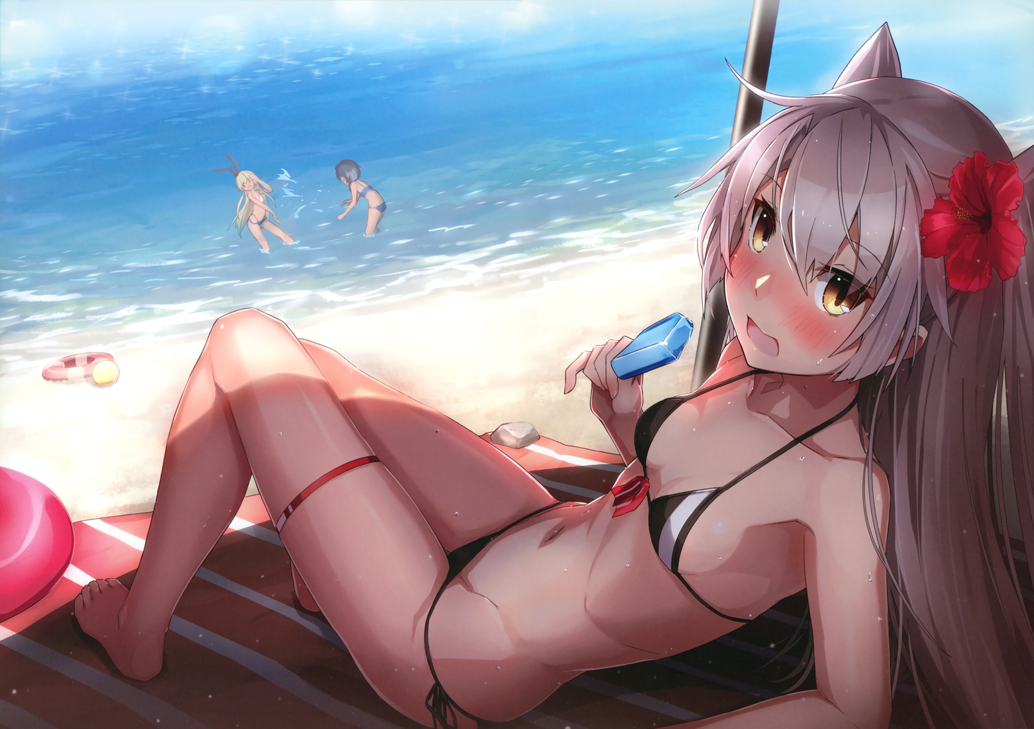 amatsukaze_(kancolle), anthropomorphism, beach, bikini, food, kantai_collection, popsicle, scan