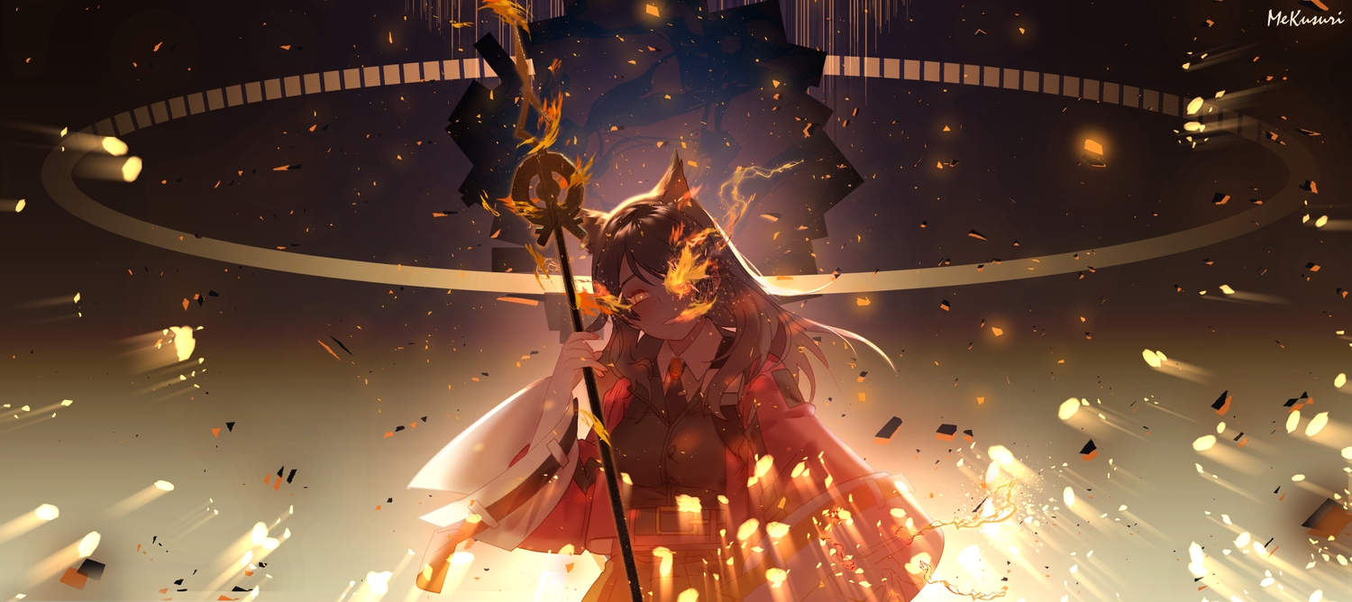 animal_ears, arknights, brown_hair, catgirl, fire, long_hair, orange_eyes, satonishi