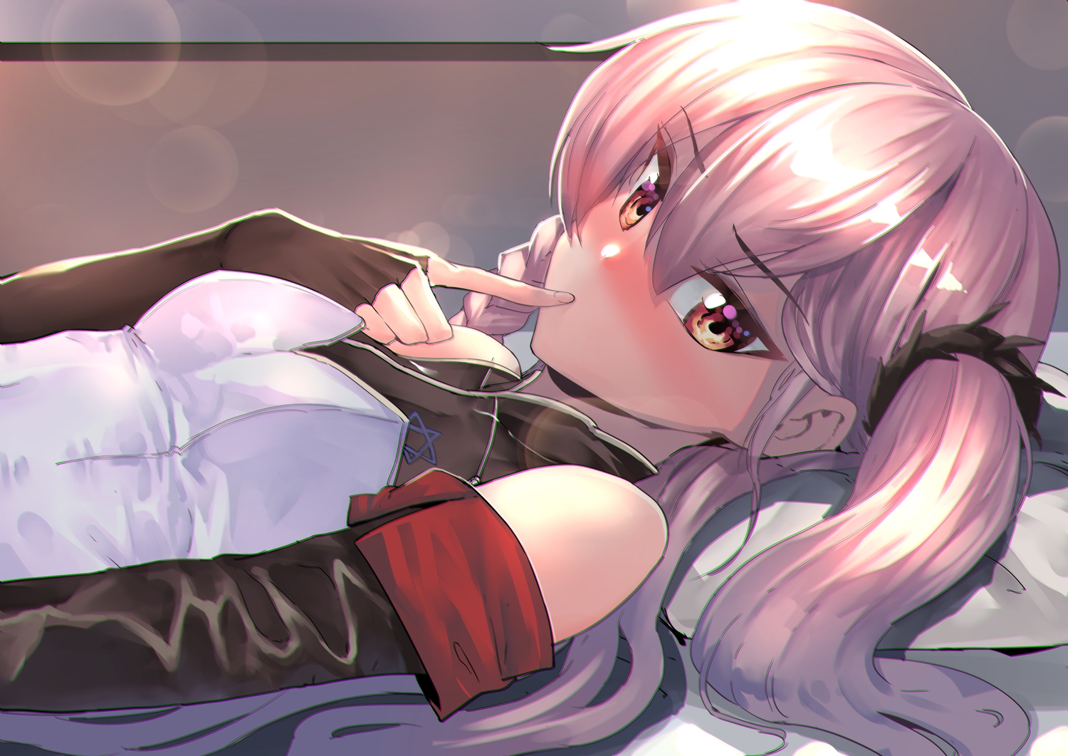 anthropomorphism, braids, chung_cthemax, close, elbow_gloves, girls_frontline, gloves, long_hair, negev_(girls_frontline), pink_hair, red_eyes