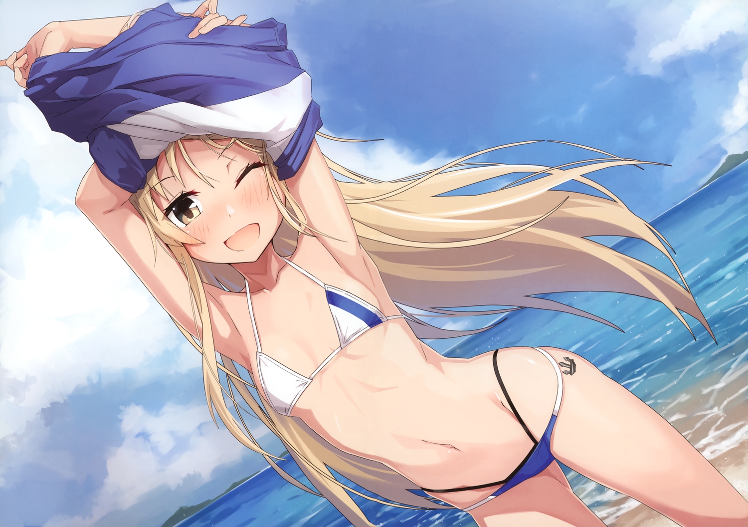anthropomorphism, beach, bikini, blonde_hair, blush, breasts, clouds, kantai_collection