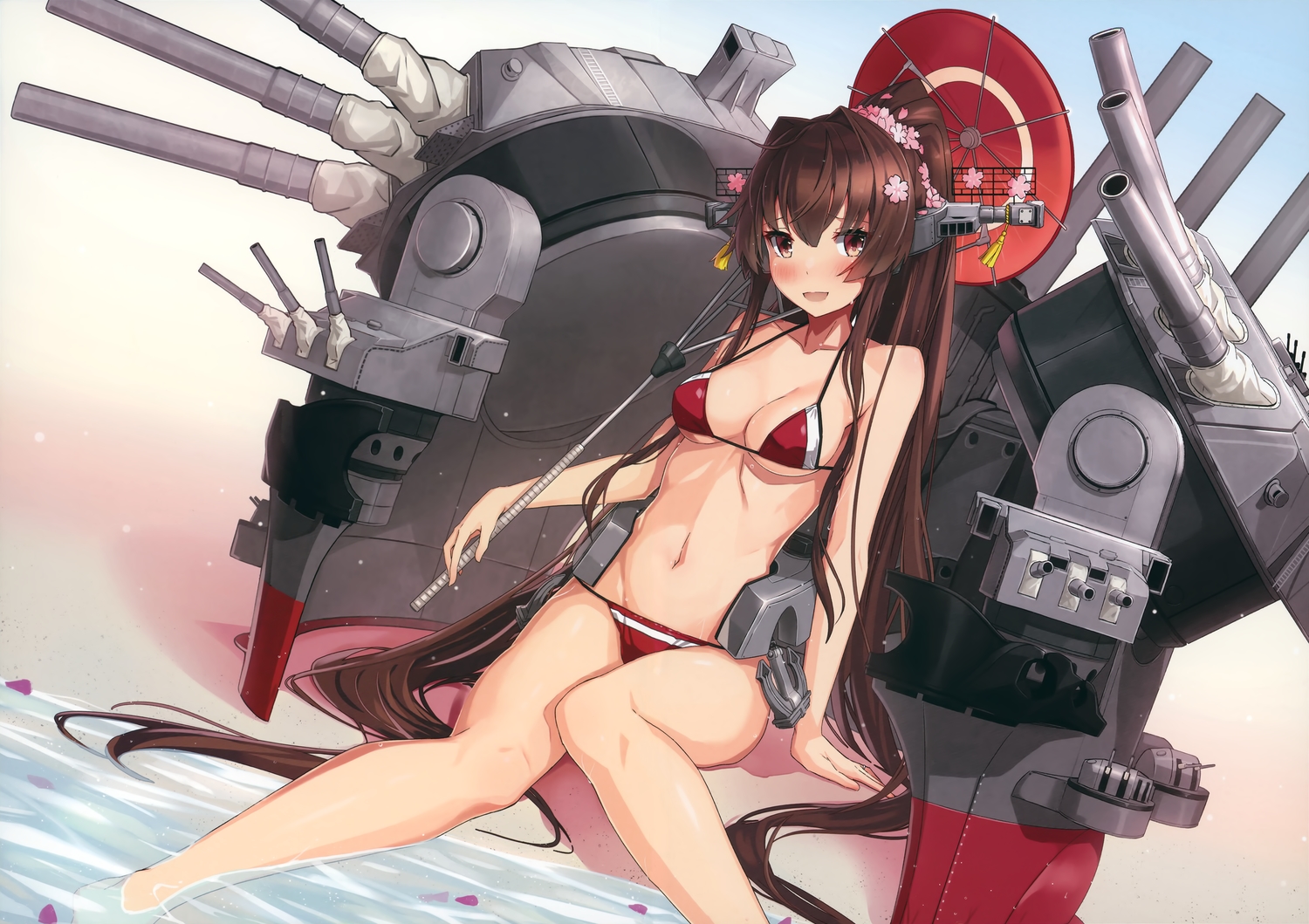 anthropomorphism, beach, bikini, blush, breasts, brown_hair, kantai_collection, long_hair