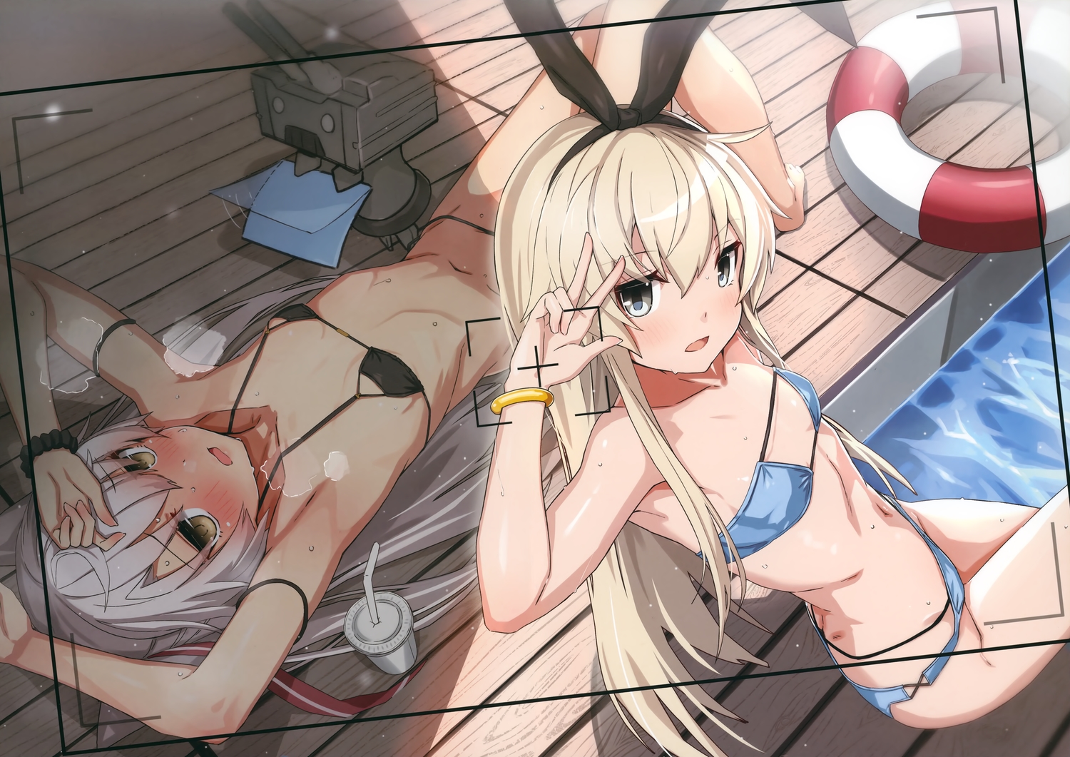 2girls, amatsukaze_(kancolle), anthropomorphism, barefoot, bikini, blonde_hair, brown_eyes, camera