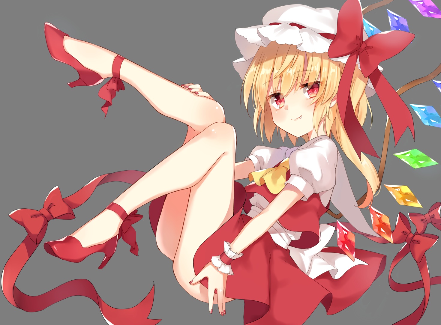 blonde_hair, bow, fang, flandre_scarlet, hat, loli, paragasu_(parags112), ponytail, red_eyes, ribbons, skirt, touhou, transparent, vampire, wings, wristwear