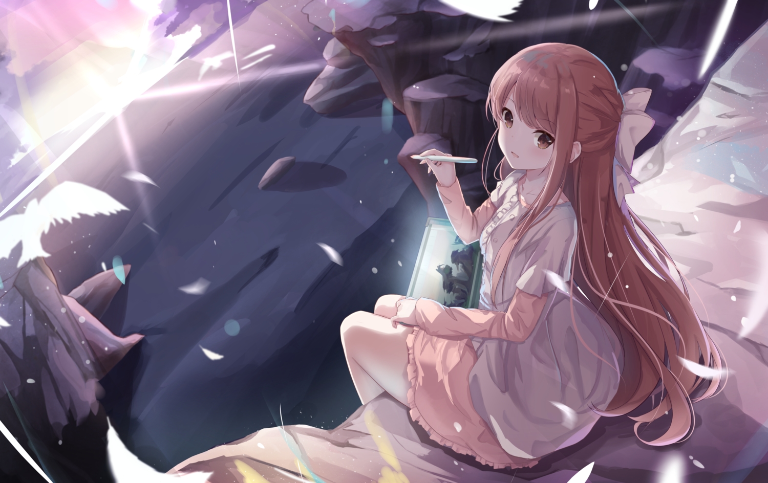 animal, bird, bow, brown_eyes, brown_hair, feathers, long_hair, ribbons