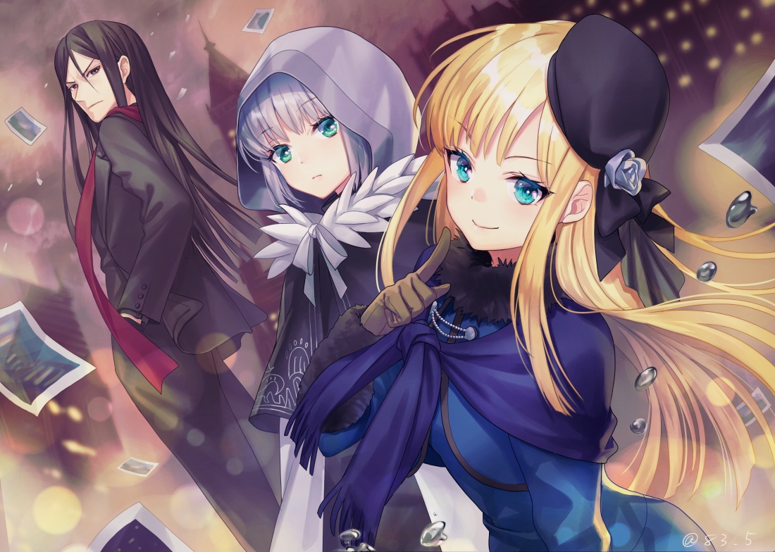 black_hair, blonde_hair, brown_eyes, cape, fate/grand_order, fate_(series), gloves, gray_hair