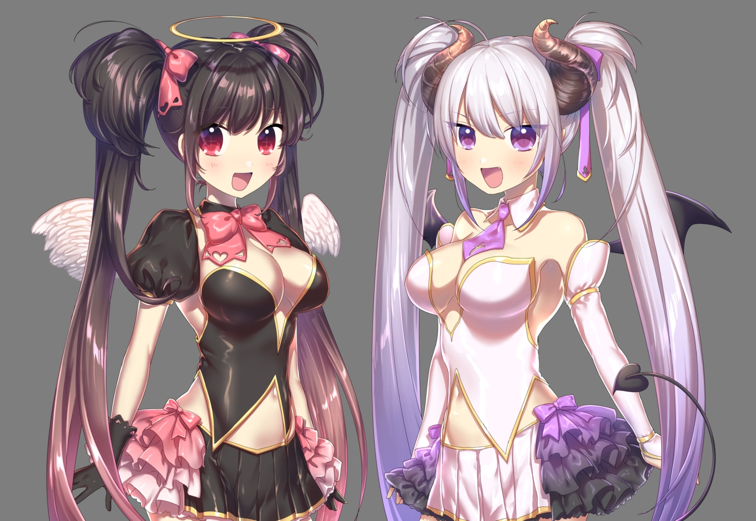 2girls, angel, black_hair, bow, breasts, cleavage, demon, fang, gloves, halo, horns, kirisaki_(miku-azu-2525), long_hair, navel, original, tail, tie, transparent, twintails, white_hair, wings