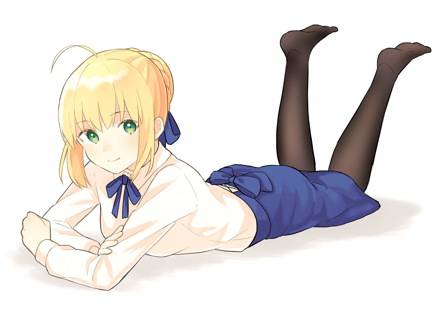 artoria_pendragon_(all), blonde_hair, bow, braids, fate_(series), fate/stay_night, green_eyes, lq_saku, pantyhose, ribbons, saber, shirt, short_hair, skirt, white