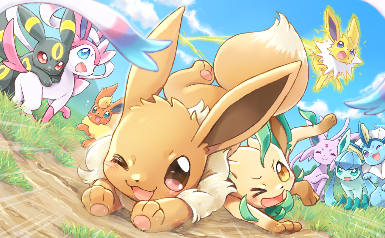 clouds, eevee, espeon, flareon, glaceon, grass, group, jolteon, leafeon, no_humans, pokemon, sky, sylveon, umbreon, vaporeon, wataametulip