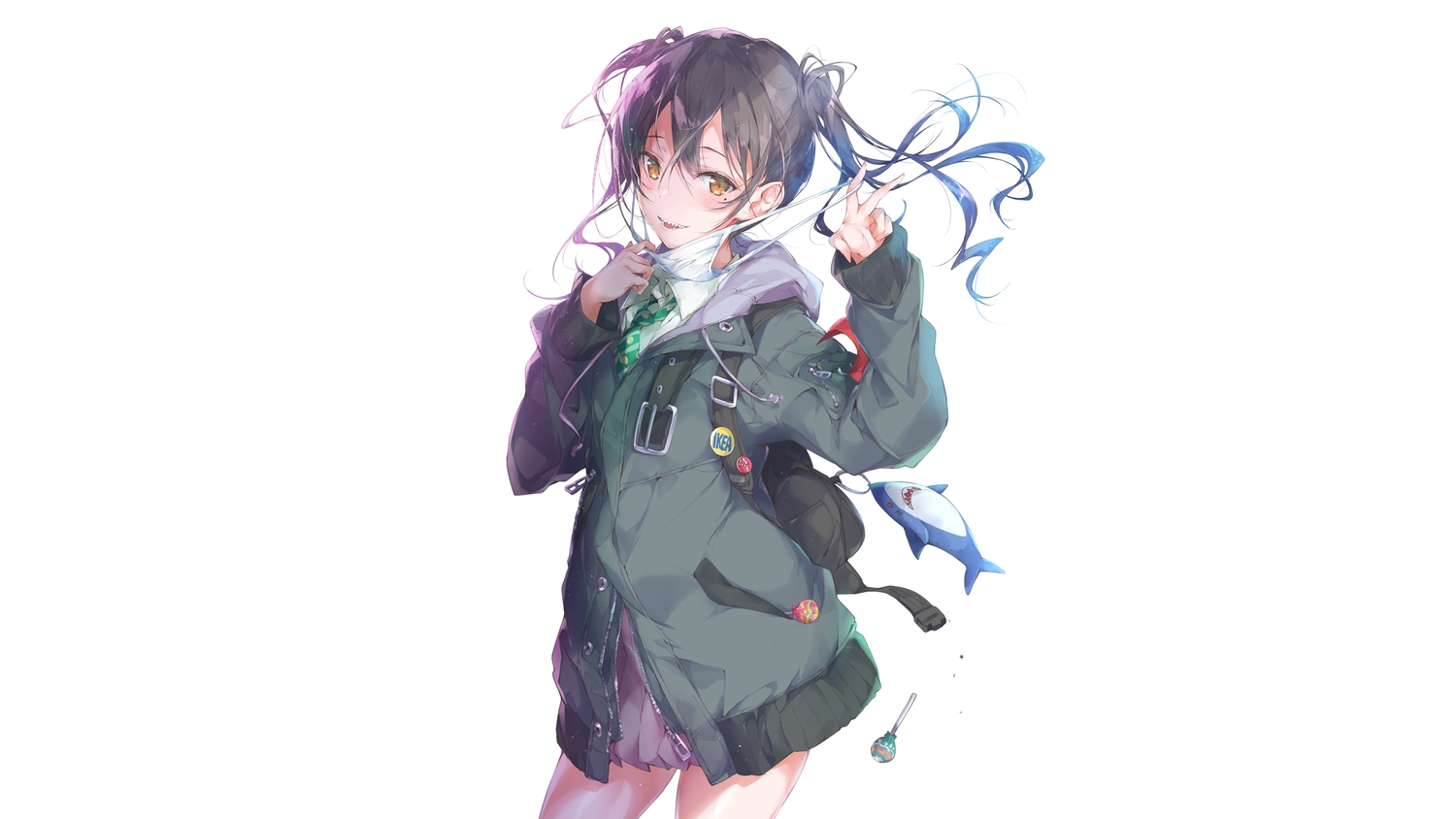 brown_hair, candy, fang, hood, idolmaster, idolmaster_cinderella_girls, lollipop, long_hair, mask, orange_eyes, pirobeelzebub, school_uniform, skirt, sunazuka_akira, tie, twintails, white