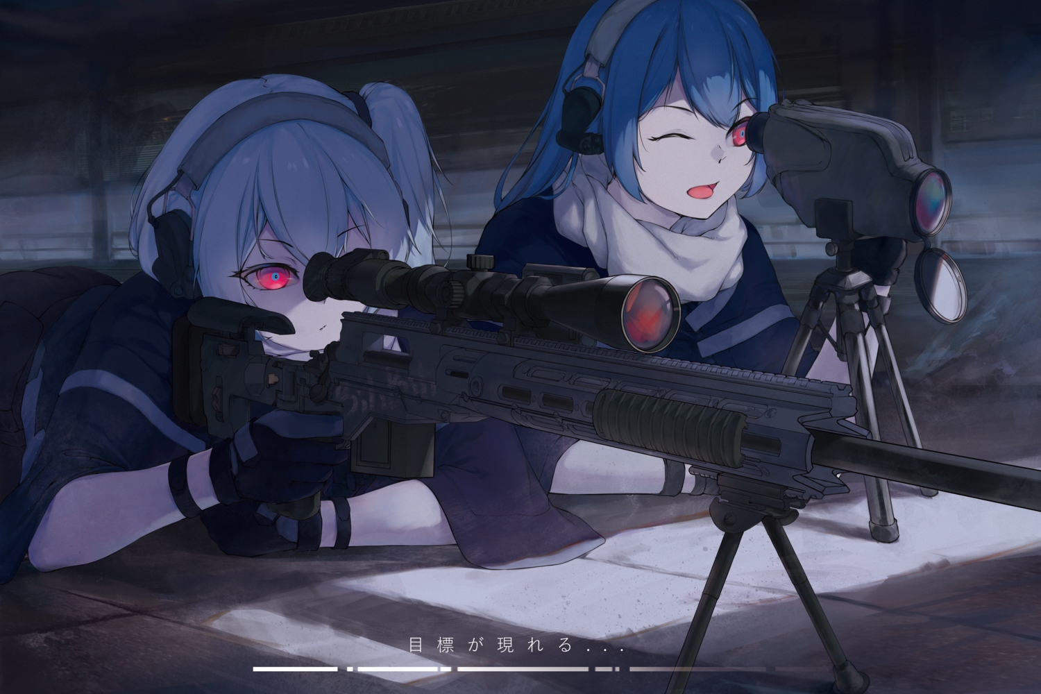 2girls, aqua_hair, bili_bili_douga, bili_girl_22, bili_girl_33, fono, gray_hair, gun