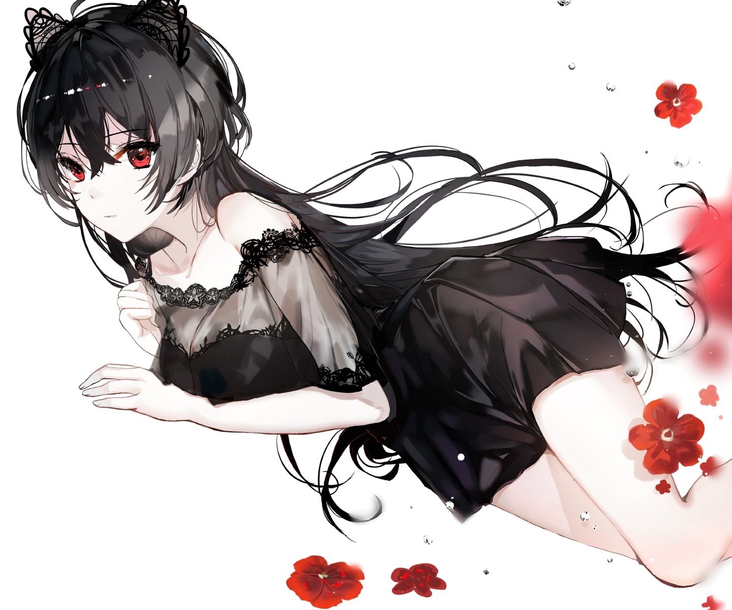 animal_ears, black_hair, breasts, cleavage, cropped, dress, flowers, long_hair, naru_(ul), original, red_eyes, see_through, waifu2x, water