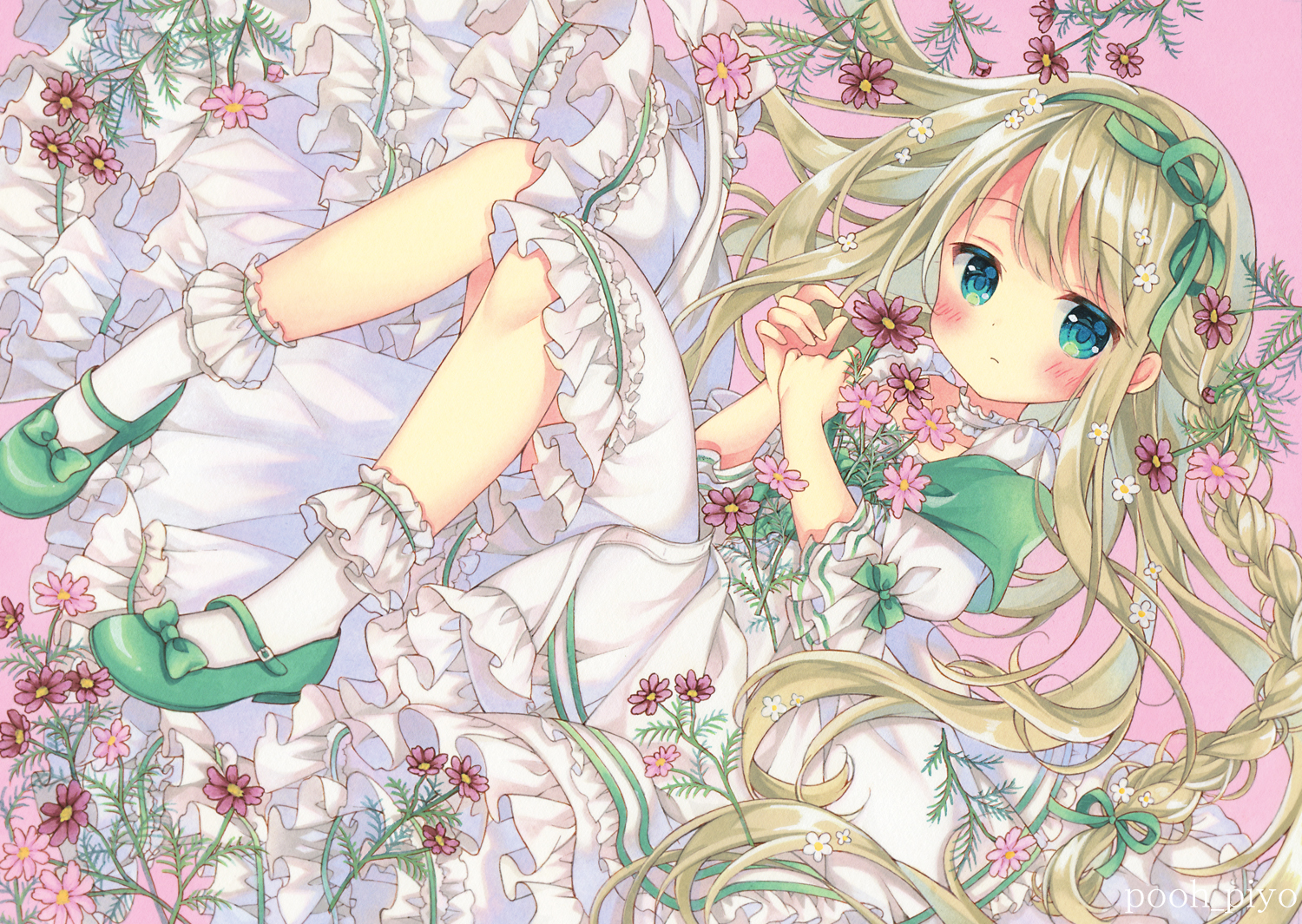 aqua_eyes, blonde_hair, blush, braids, dress, flowers, loli, lolita_fashion, long_hair, original, puu_(kari---ume), socks