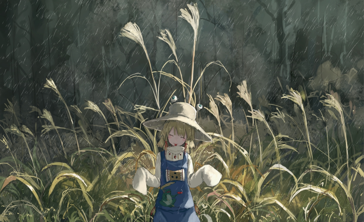 grass, moriya_suwako, rain, touhou, water, yuu-rin