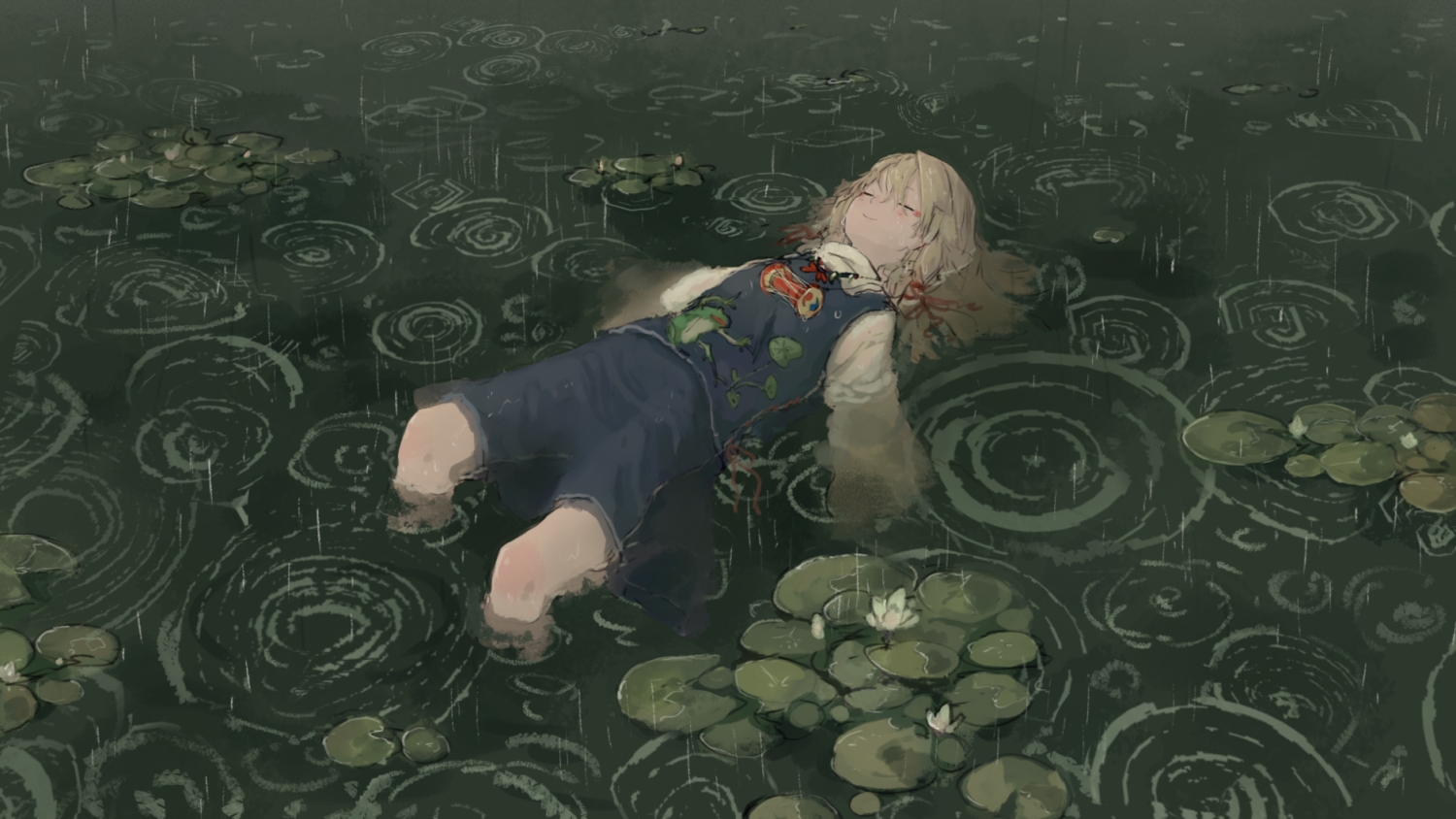 green, moriya_suwako, rain, touhou, water, yuu-rin