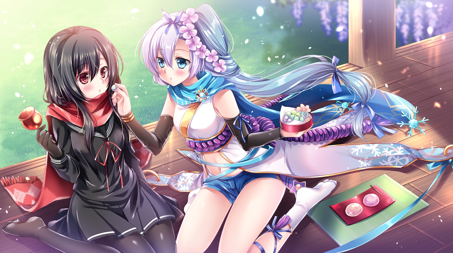 2girls, apple, black_hair, blush, brown_eyes, candy, food, fruit, green_eyes, kousetsu_samonji_(tenka_hyakken), long_hair, navel, pantyhose, ponytail, sakurano_ru, sayo_samonji_(tenka_hyakken), scarf, school_uniform, shorts, skirt, tenka_hyakken