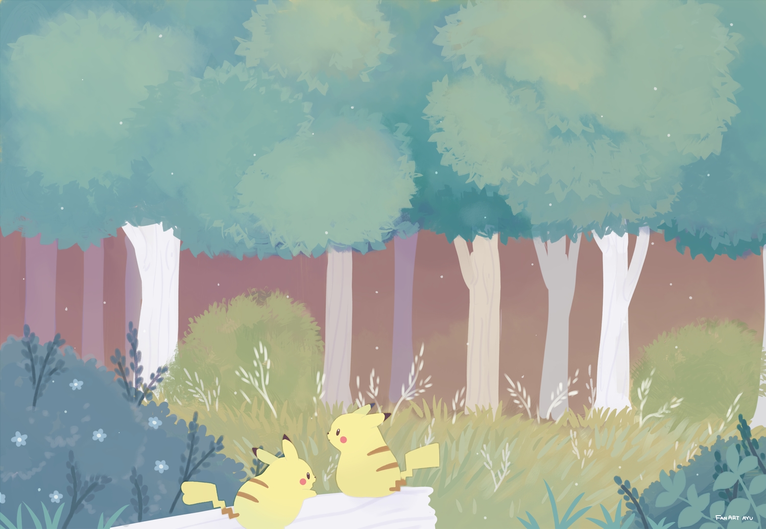 ayu_(mog), forest, grass, no_humans, pikachu, pokemon, scenic, signed