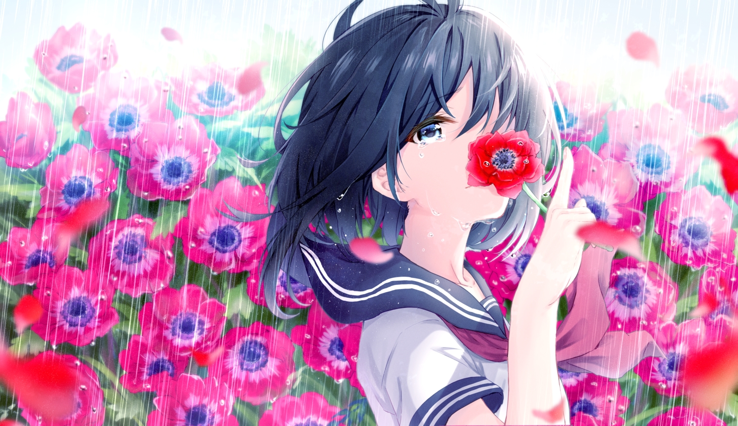 aqua_eyes, black_hair, close, crying, flowers, haru_(re_ilust), original, rain