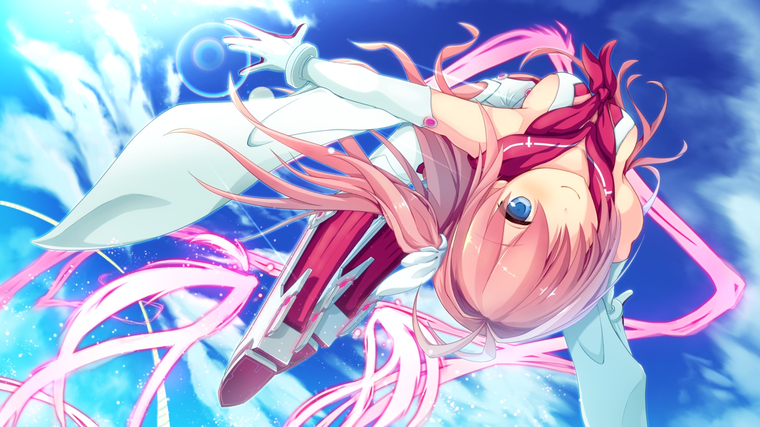 ao_no_kanata_no_four_rhythm, arthur_ishii, blue_eyes, bodysuit, boots, breasts, clouds, elbow_gloves, gloves, kurashina_asuka, long_hair, pink_hair, ponytail, sideboob, sky