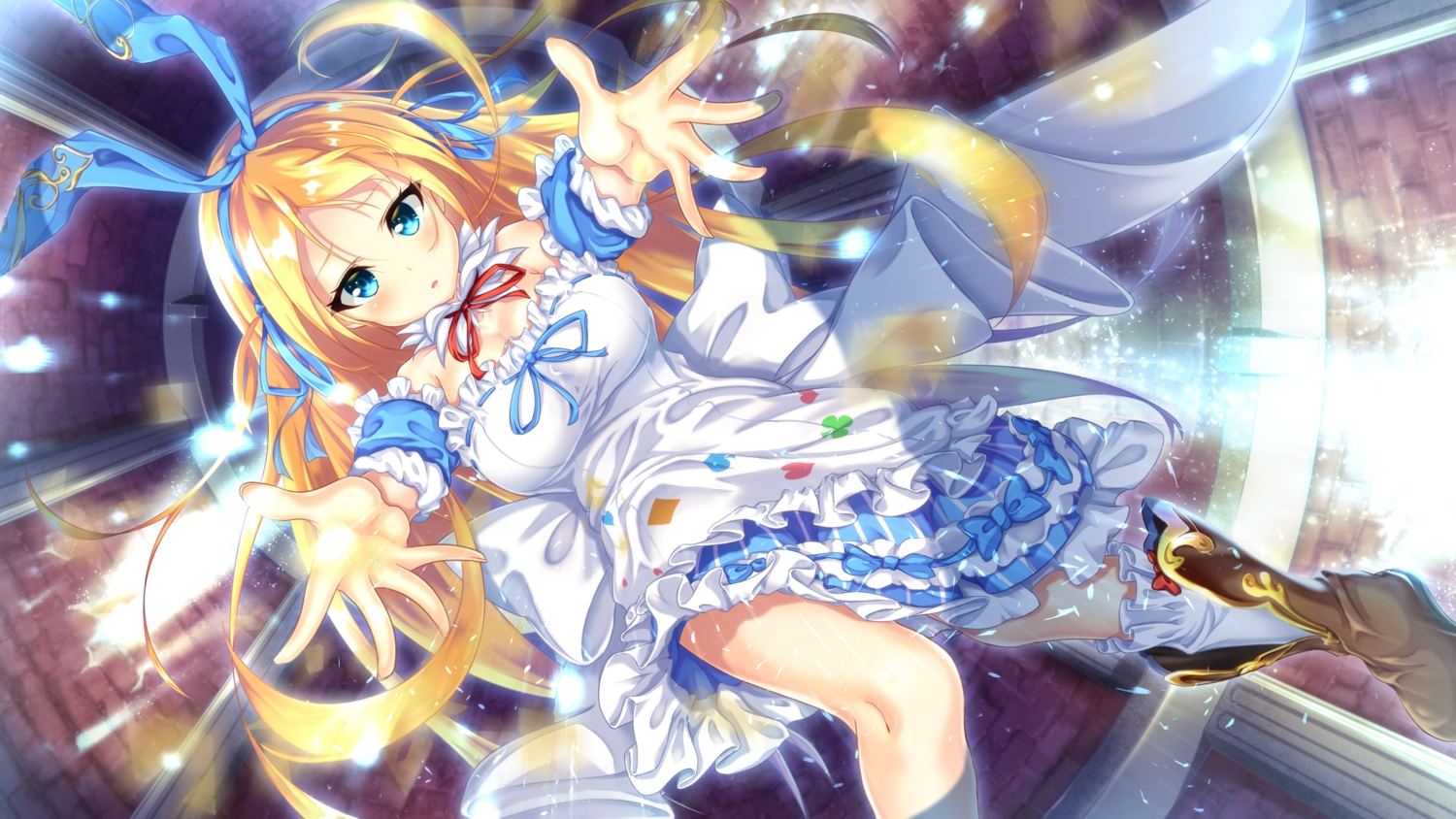 alice_(gbm), apron, aqua_eyes, arthur_ishii, blonde_hair, boots, breasts, cleavage, dress, girls_book_maker_-shiawase_no_libretto-, headband, kneehighs, lolita_fashion, long_hair