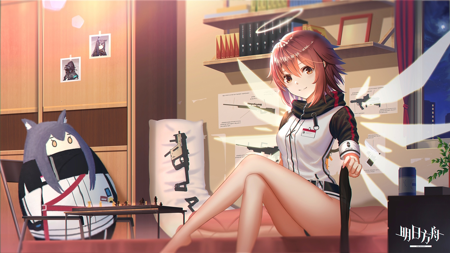 angel, arknights, barefoot, bed, book, brown_hair, exusiai_(arknights), halo