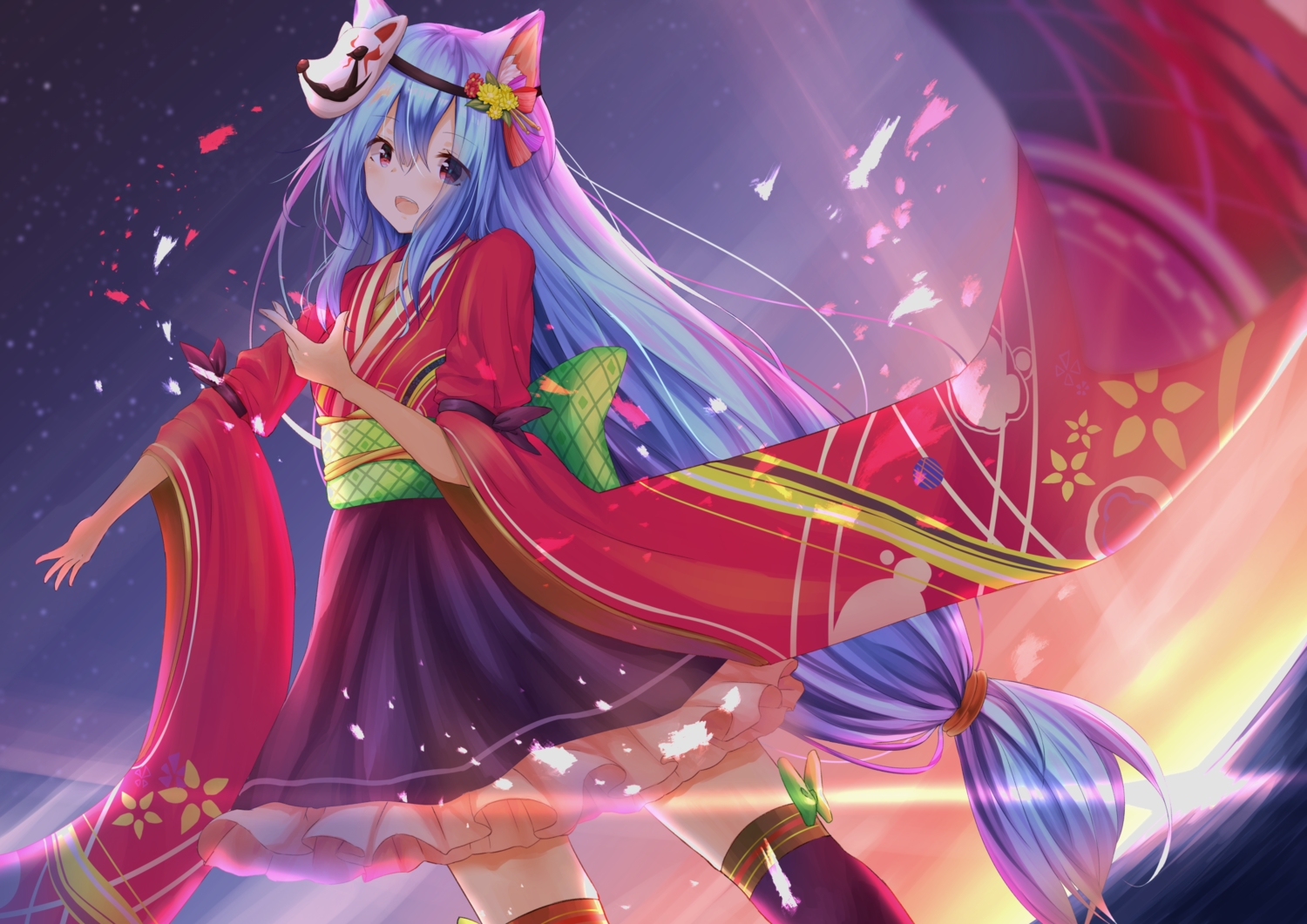 aliasing, animal_ears, aqua_hair, clouds, japanese_clothes, knoy3356, long_hair, mask, original, red_eyes, skirt, sky, sunset, thighhighs, water