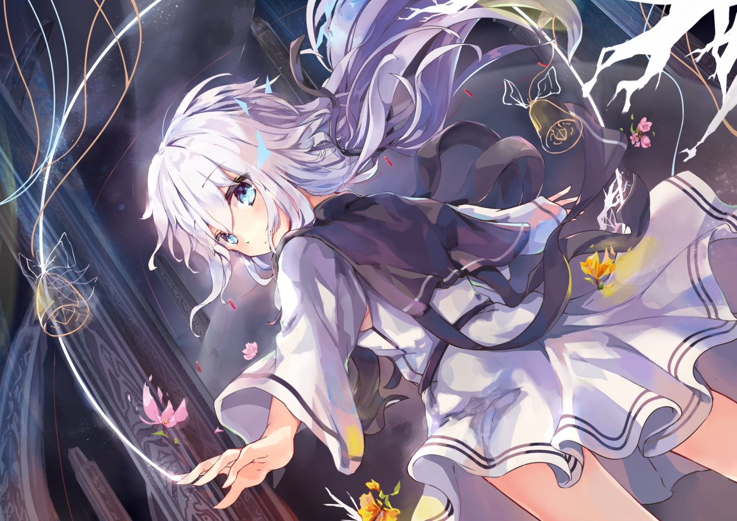 aqua_eyes, dress, flowers, long_hair, magic, original, school_uniform, shinsoyori