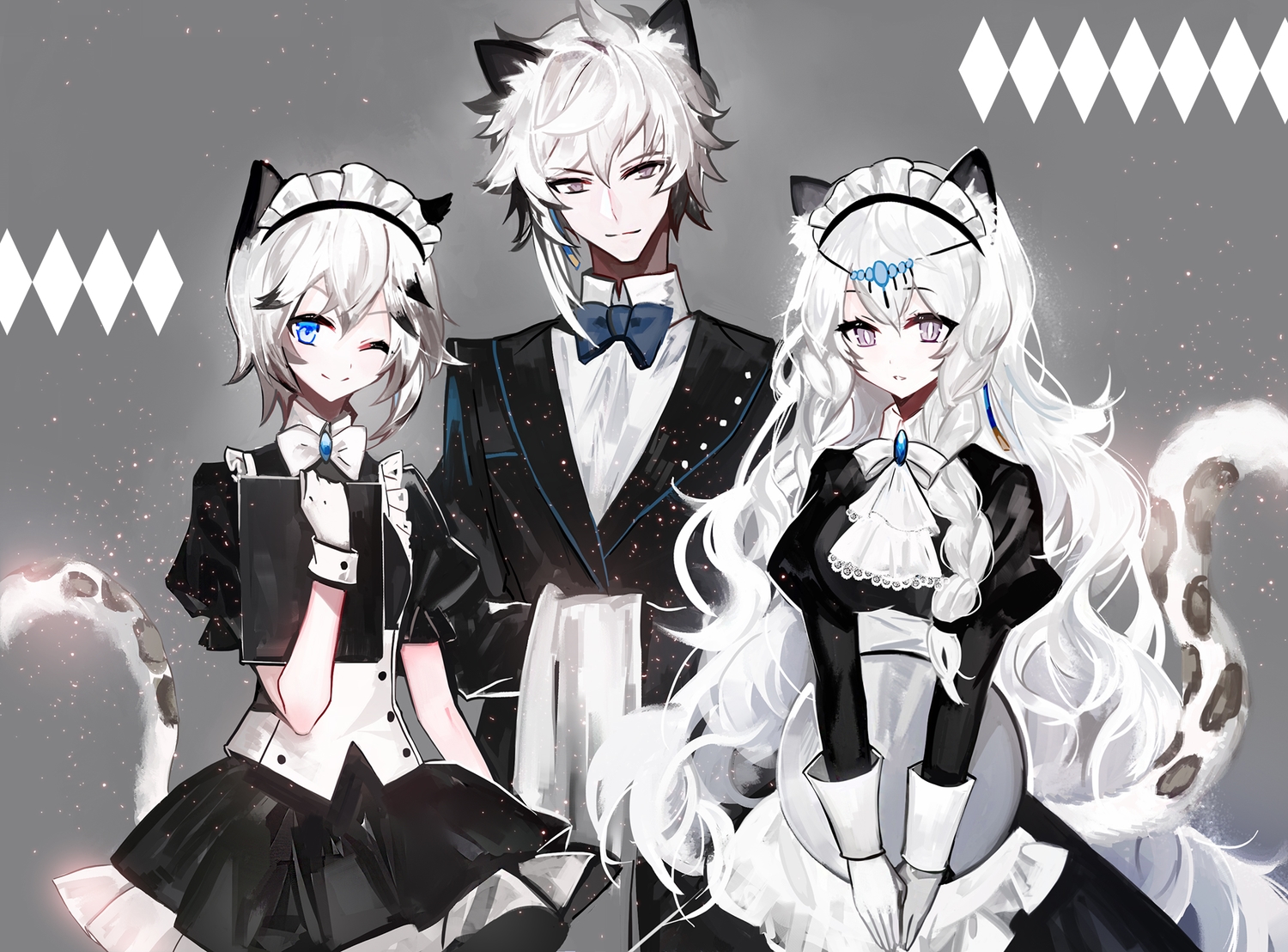 animal_ears, apron, aqua_eyes, arknights, bow, braids, catboy, catgirl