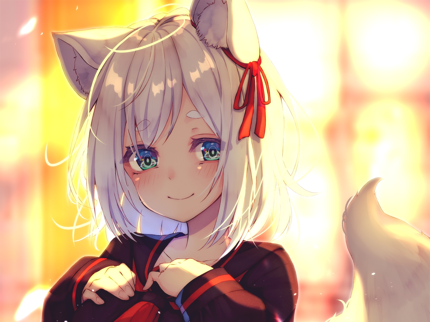 animal_ears, blush, breast_hold, chita_(ketchup), close, cropped, foxgirl, green_eyes