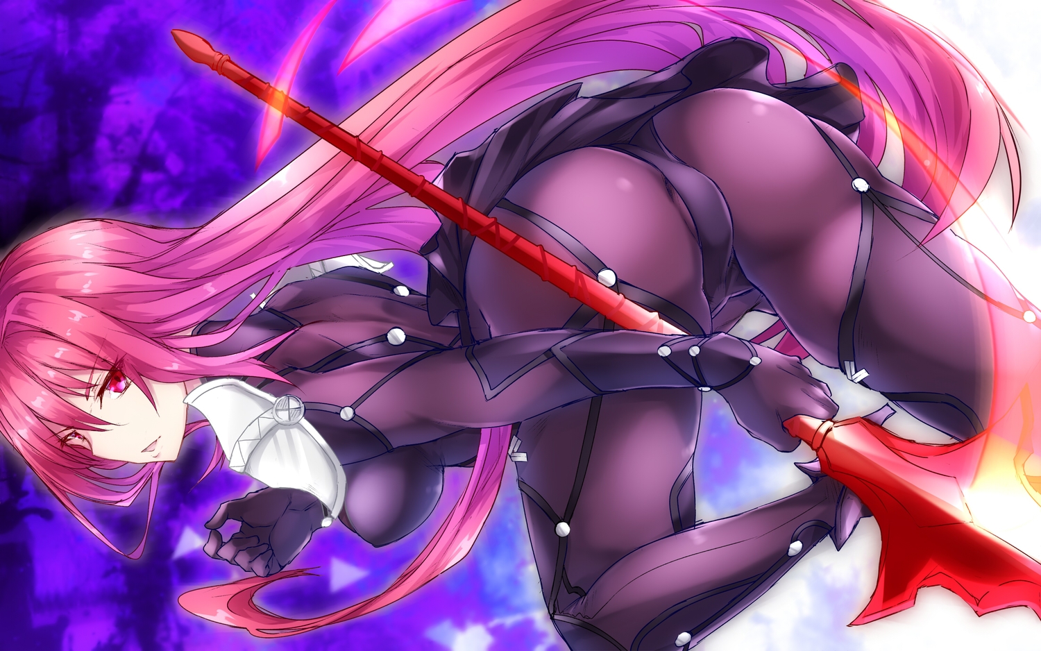 armor, ass, bodysuit, fate/grand_order, fate_(series), long_hair, purple_hair, red_eyes