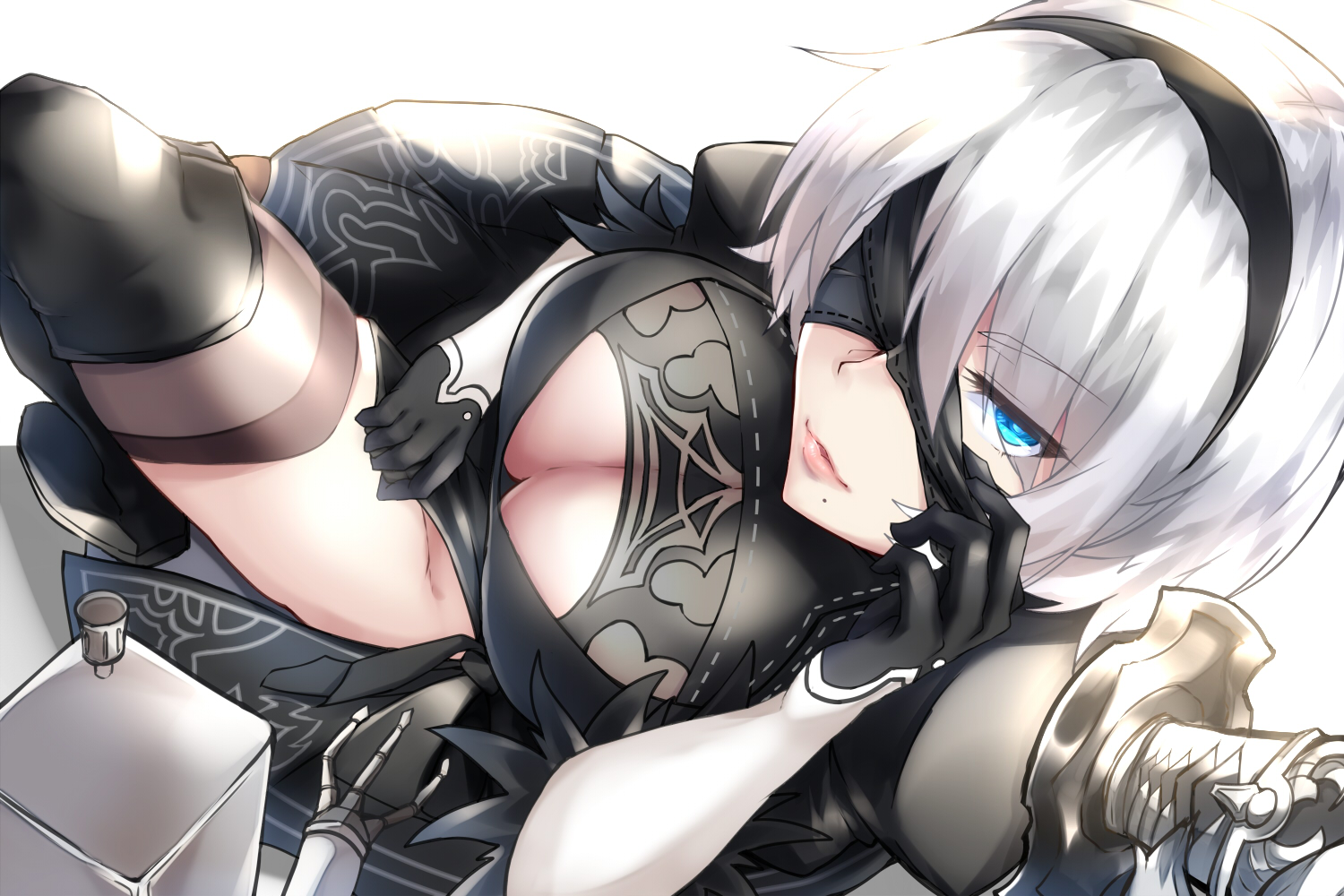aqua_eyes, blindfold, boots, breasts, cleavage, close, dress, elbow_gloves, gloves, headband, nier, nier:_automata, pod_(nier:_automata), shimeno_puni, short_hair, sword, thighhighs, weapon, white_hair, yorha_unit_no._2_type_b