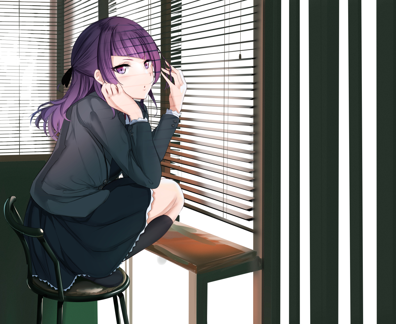 dress, idolmaster, idolmaster_shiny_colors, kneehighs, long_hair, purple_eyes, purple_hair, schreibe_shura