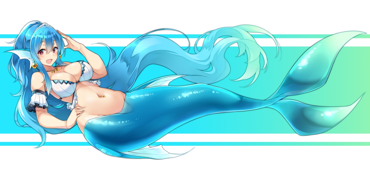 aqua_hair, bikini_top, breasts, cleavage, fang, long_hair, mermaid, navel