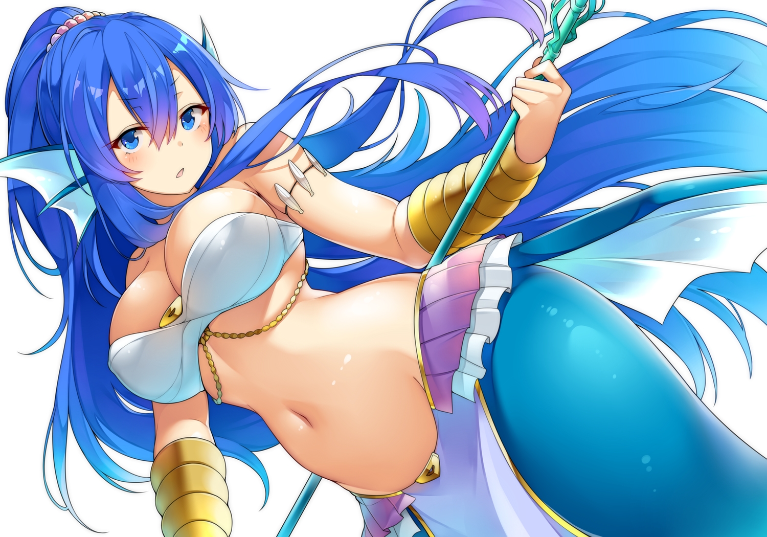bikini_top, blue_eyes, blue_hair, breasts, cleavage, long_hair, mermaid, navel