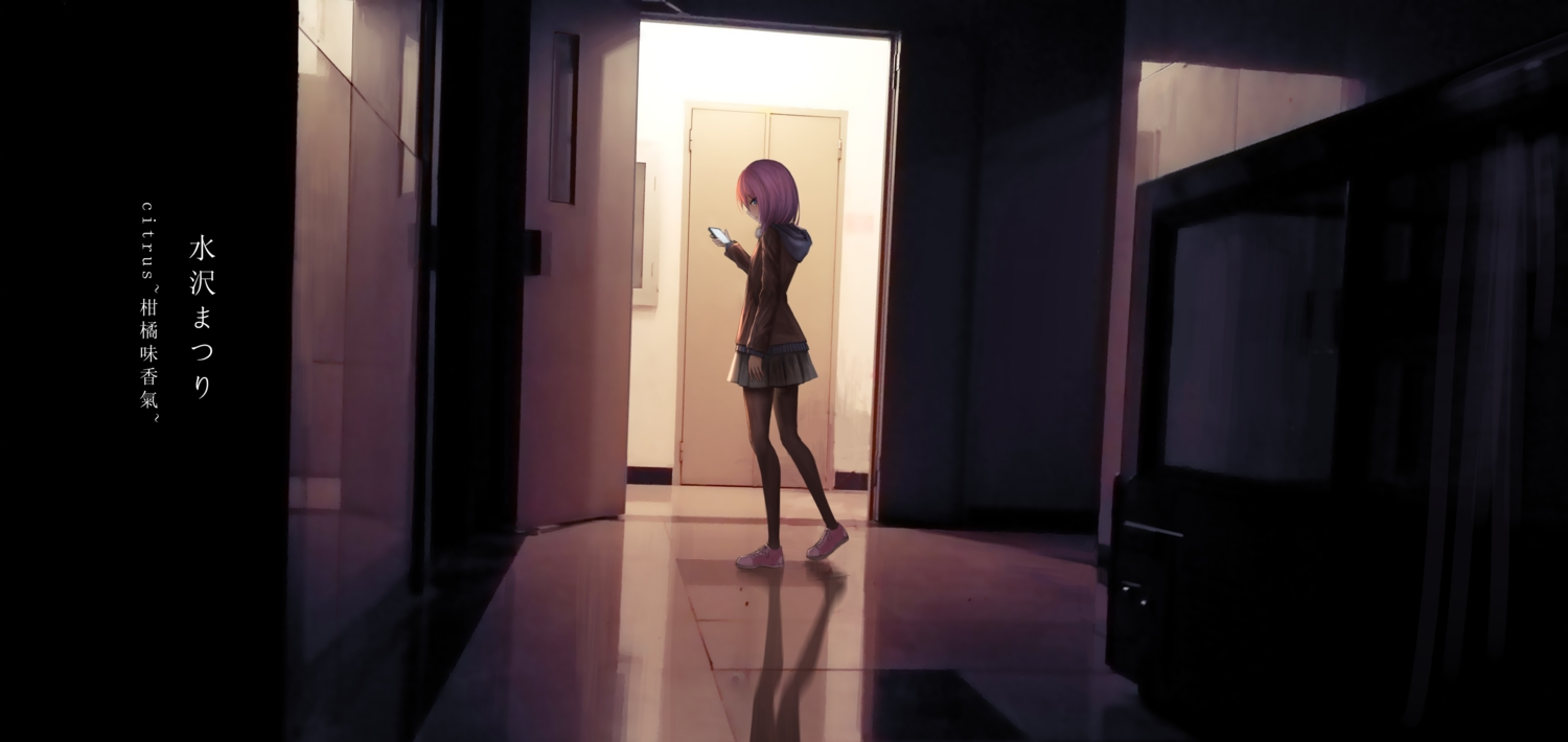 citrus_(saburouta), dark, green_eyes, headphones, hood, mizusawa_matsuri_(citrus), pantyhose, phone, pink_hair, school_uniform, short_hair, skirt, yurichtofen