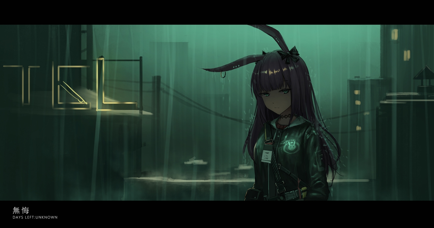 animal_ears, arknights, bunny_ears, bunnygirl, choker, close, dark, green, green_eyes, long_hair, purple_hair, rain, rope_(arknights), water, yurichtofen