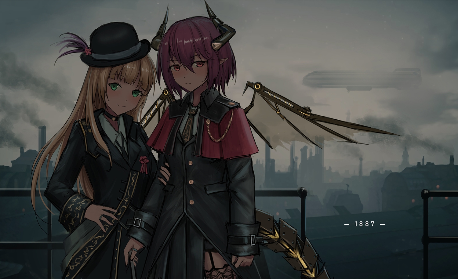 2girls, anne_(shingeki_no_bahamut), blonde_hair, building, cape, choker, city, dark