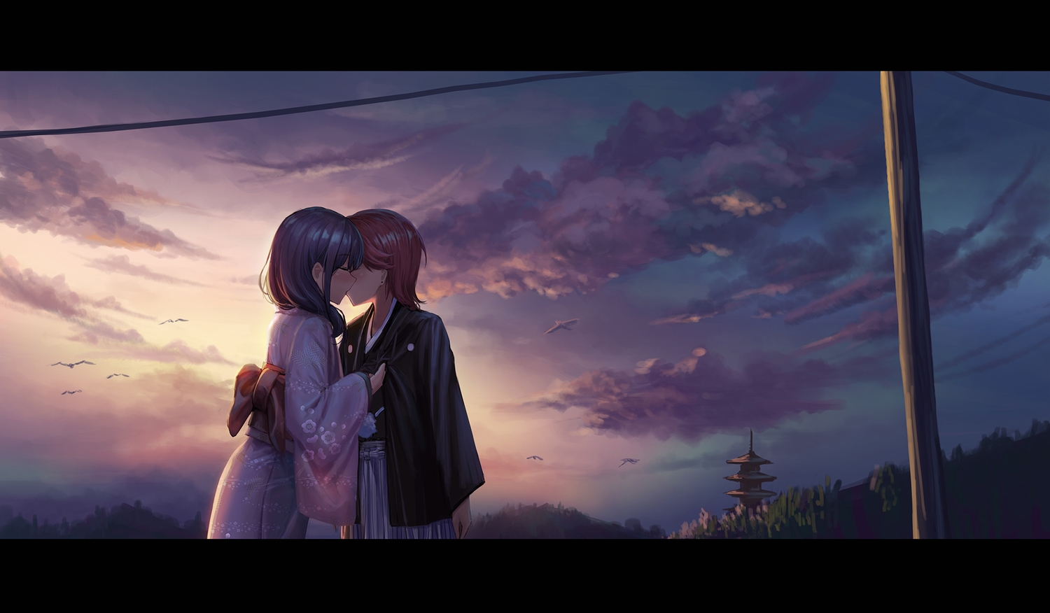 2girls, animal, bird, black_hair, building, clouds, dark, hanayagi_kaoruko, isurugi_futaba, japanese_clothes, kimono, kiss, red_hair, short_hair, shoujo_ai, shoujo_kageki_revue_starlight, sky, sunset, yurichtofen