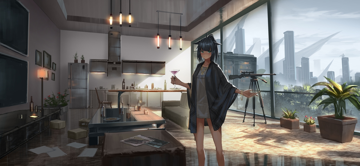 animal_ears, arknights, black_hair, building, city, drink, green_eyes, gun, jessica_(arknights), necklace, paper, scenic, weapon, yurichtofen