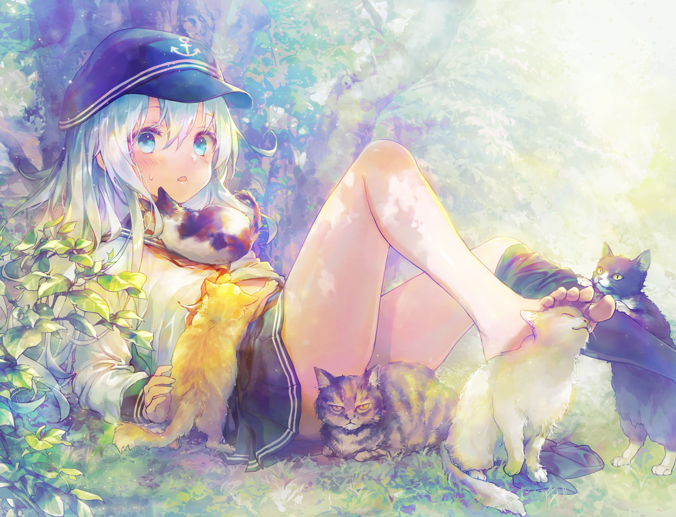 888myrrh888, animal, anthropomorphism, aqua_eyes, barefoot, blush, cat, grass, hat, hibiki_(kancolle), kantai_collection, leaves, long_hair, school_uniform, skirt, thighhighs, tree, white_hair