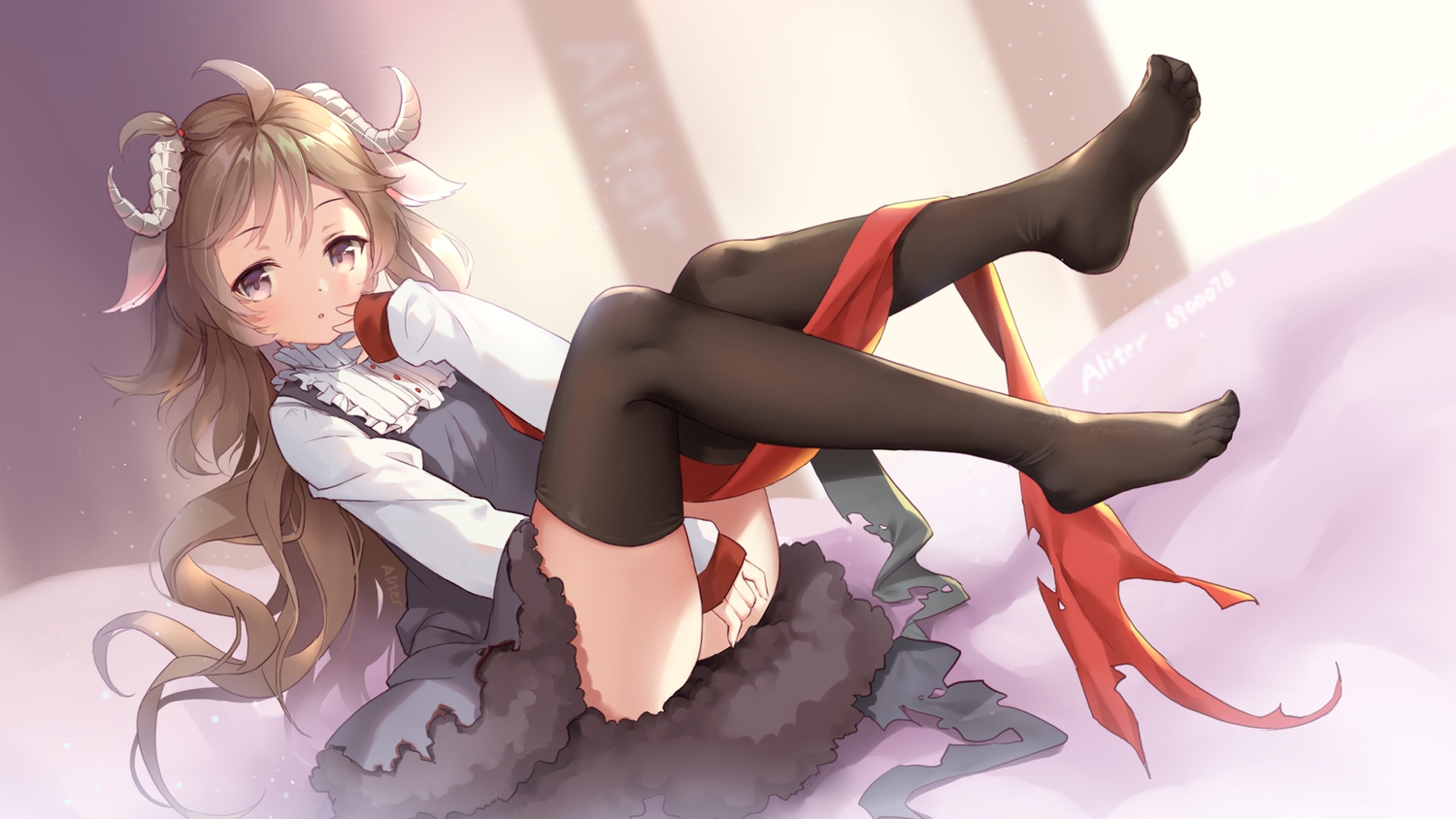 aliter, animal_ears, arknights, brown_eyes, brown_hair, dress, eyjafjalla_(arknights), horns, long_hair, sheepgirl, signed, thighhighs