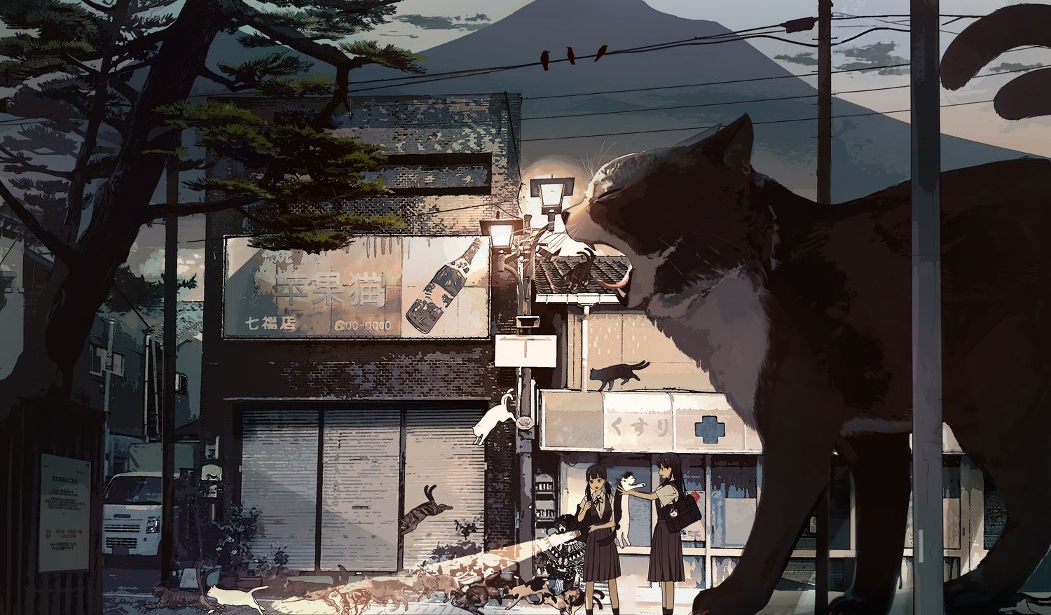 2girls, animal, bird, black_hair, building, cat, kukka, multiple_tails