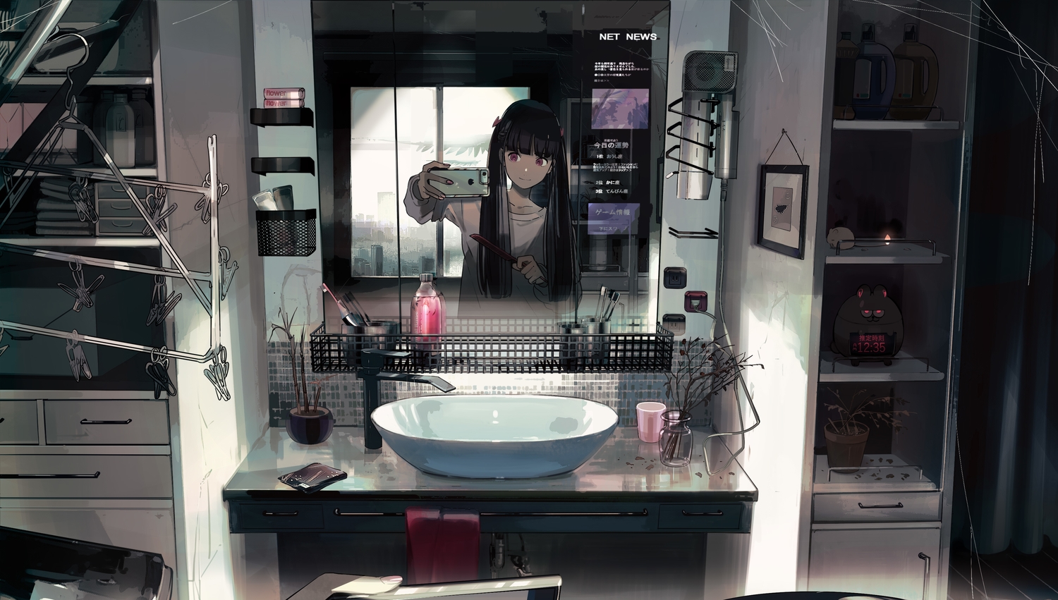 black_hair, camera, kukka, long_hair, original, phone, purple_eyes, reflection